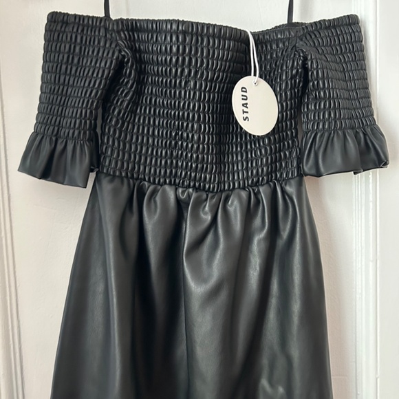 NWT Staud Mae Black Vegan Leather Off-the-Shoulder Maxi Dress - Picture 2 of 7